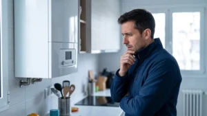 Hombre con chaqueta mirando con duda una caldera mural apagada en la cocina
