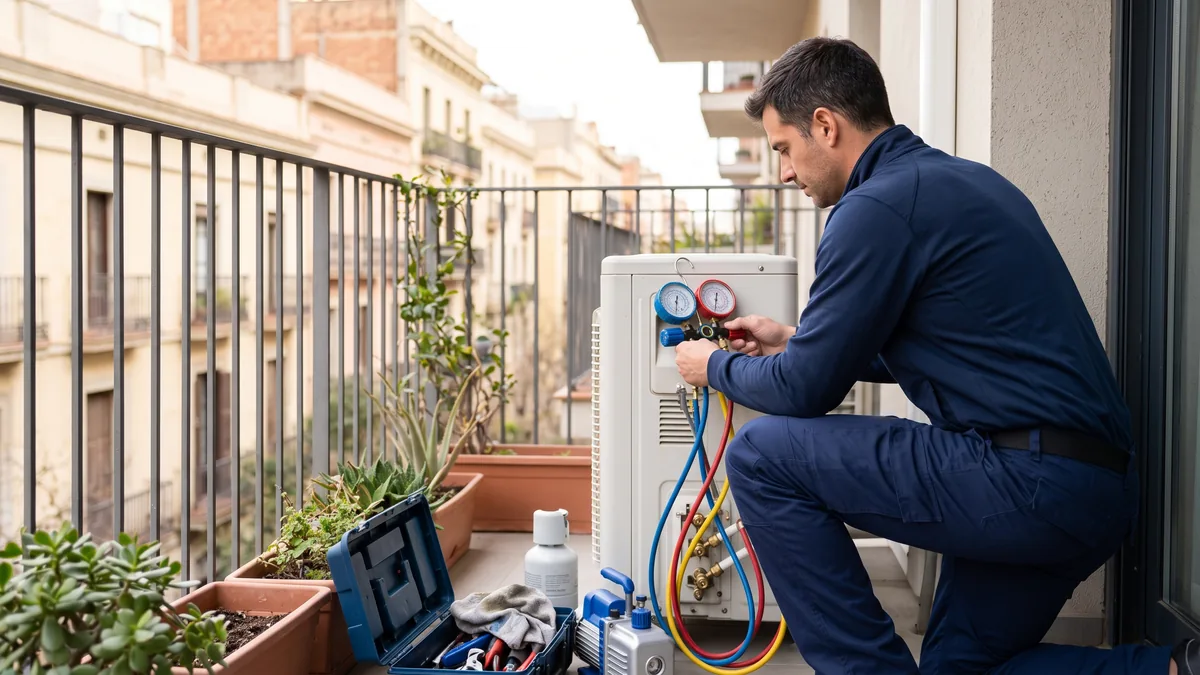 Técnico con manómetros de refrigeración conectados a la unidad exterior de un aire acondicionado en un balcón