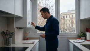 Técnico ajustando el mando de una caldera mural en la cocina en un día de otoño