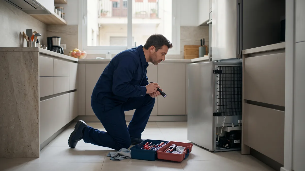 Técnico arrodillado revisando con una linterna un frigorífico en una cocina moderna
