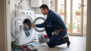 Técnico revisando una lavadora de carga frontal con ropa mojada dentro