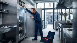 Técnico revisando el cuadro de control de una cámara frigorífica en la cocina de un restaurante
