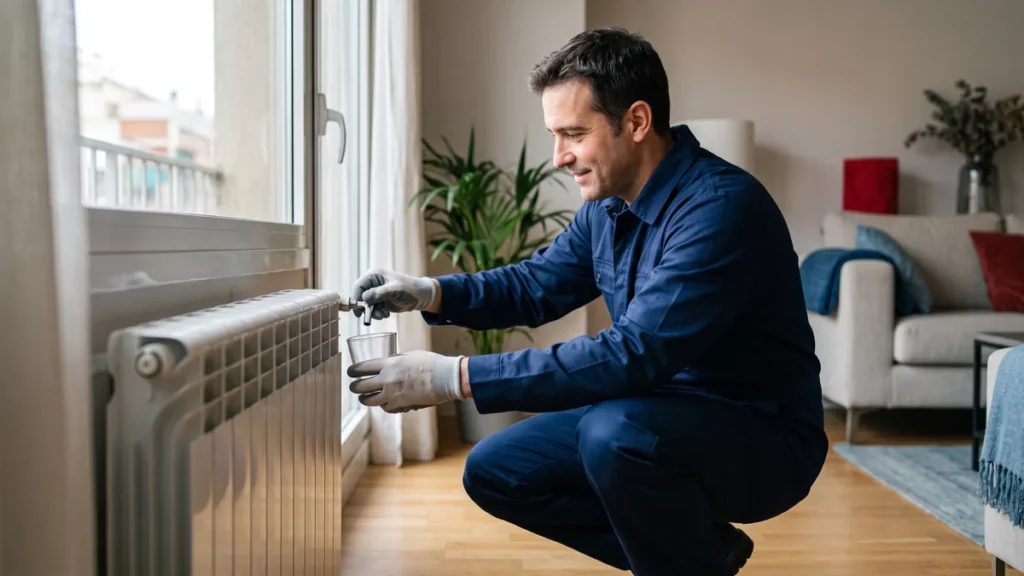 Técnico con guantes purgando un radiador blanco y recogiendo el agua en un vaso