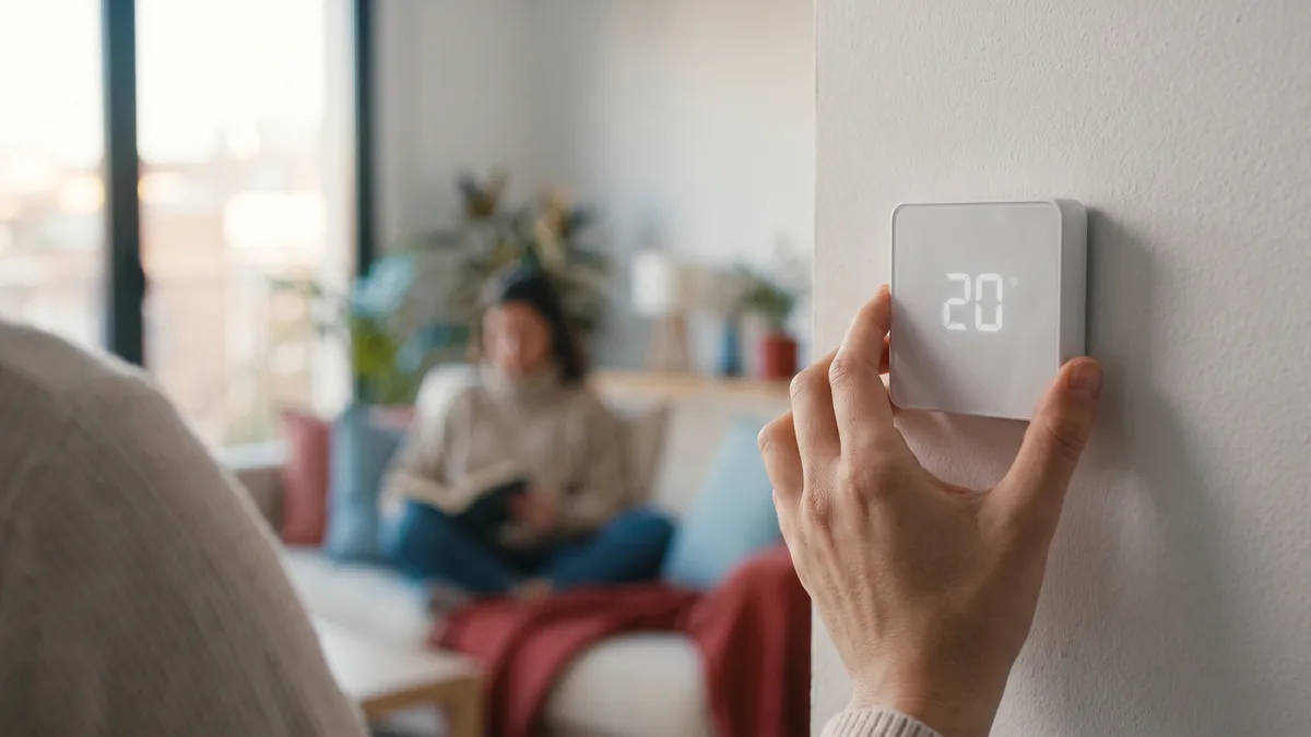 Mano ajustando un termostato digital de pared que marca 20 grados, con una persona leyendo en el sofá al fondo
