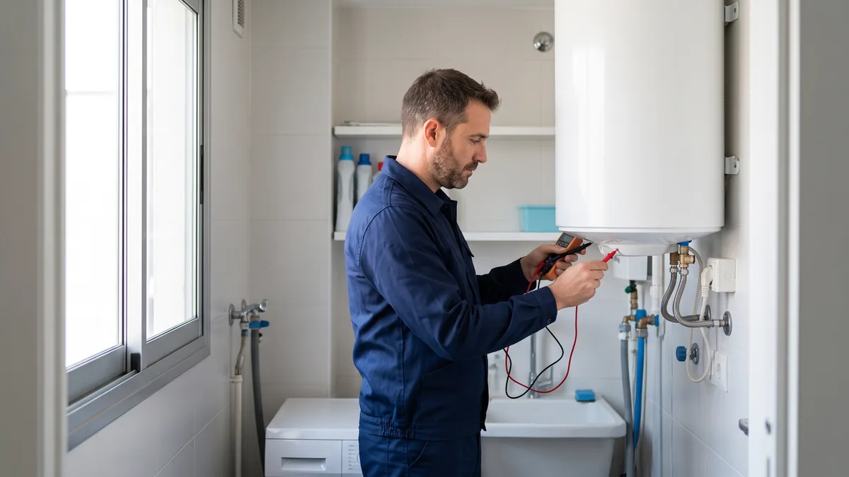 Técnico comprobando con un multímetro la conexión eléctrica de un termo en el lavadero