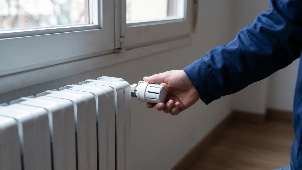 Mano de un técnico girando la cabeza termostática de un radiador blanco junto a una ventana